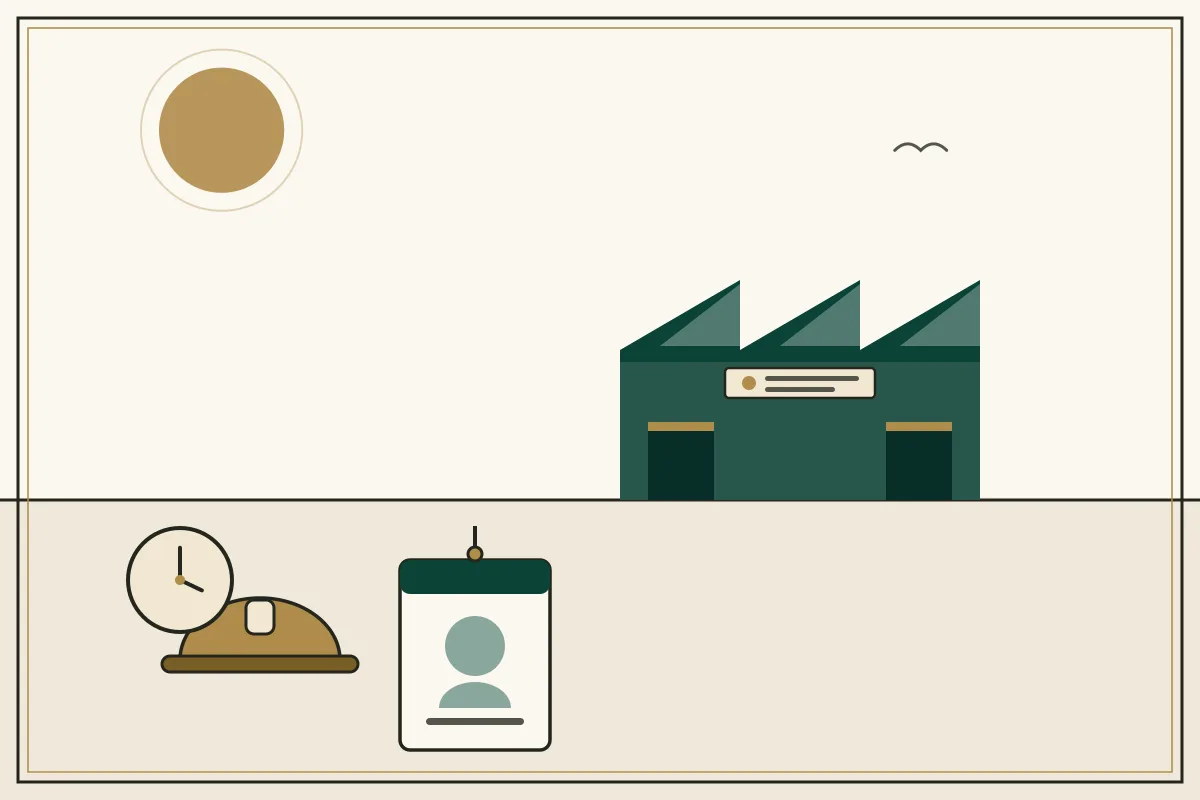 Editorial illustration of a gold hard hat, worker ID badge and clock before a factory hall — in the ivory, jade and gold broadsheet style of Research Cambodia