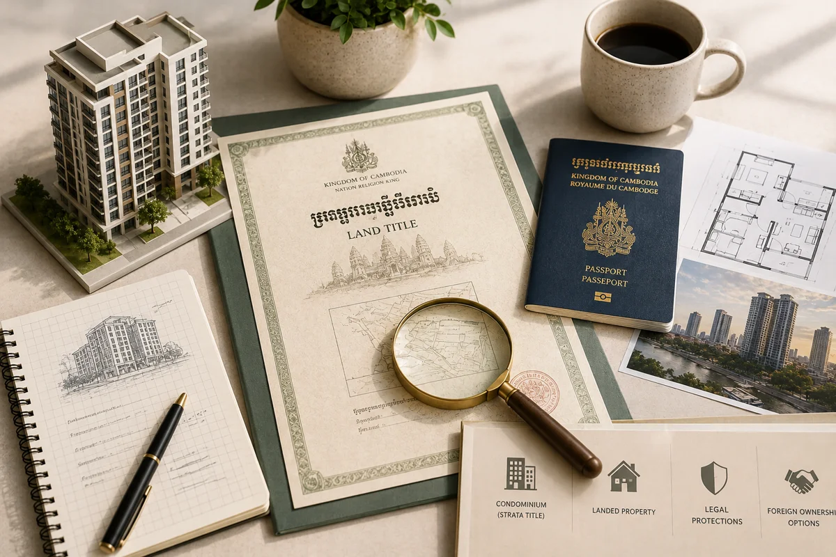Cambodian land title certificate with a magnifying glass, a Cambodian passport, a floor plan, and icons for strata title, landed property, and foreign ownership options