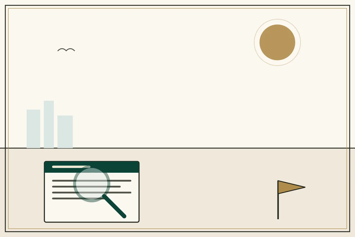 Editorial illustration of a magnifying glass over a document with a gold warning pennant — in the ivory, jade and gold broadsheet style of Research Cambodia