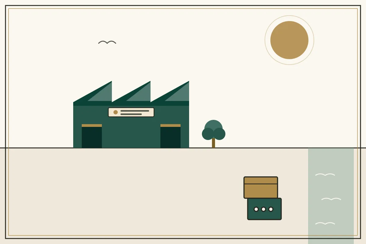 Editorial illustration of a jade factory hall with sawtooth roof and stacked shipping crates, with a coastal water strip — in the ivory, jade and gold broadsheet style of Research Cambodia