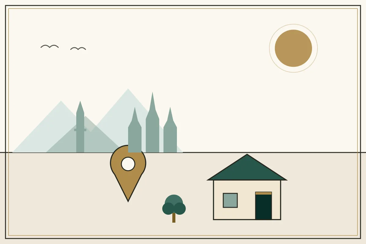Editorial illustration of a landscape with a large gold map pin, houses and a stupa on the horizon, with Angkor-style temple towers — in the ivory, jade and gold broadsheet style of Research Cambodia