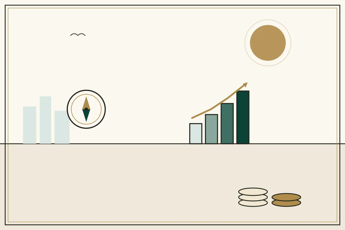 Editorial illustration of a compass and rising chart with stacked coins — in the ivory, jade and gold broadsheet style of Research Cambodia