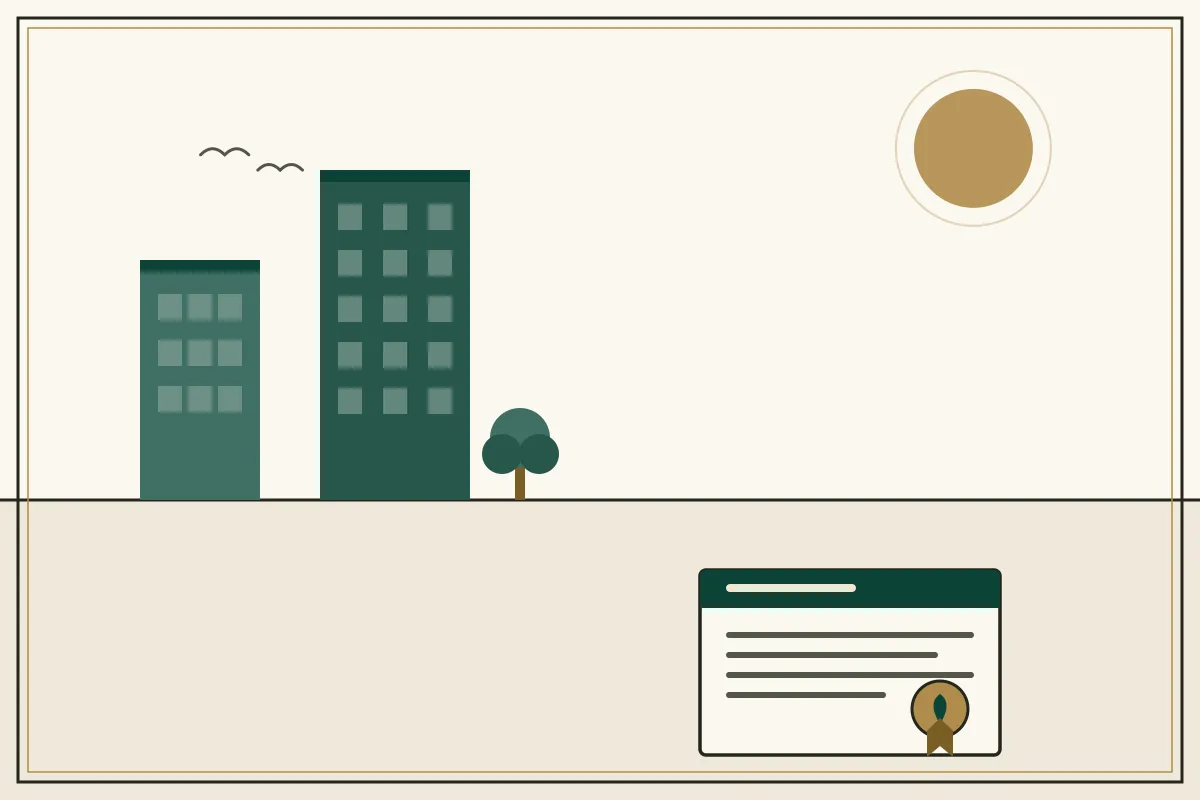Editorial illustration of jade office towers beside a sealed company document — in the ivory, jade and gold broadsheet style of Research Cambodia