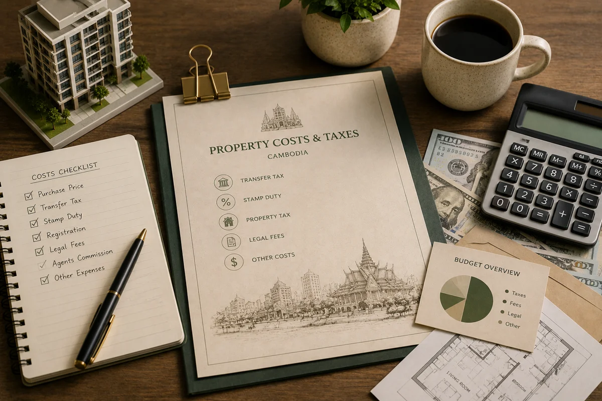 Summary sheet of Cambodian property costs and taxes — transfer tax, stamp duty, property tax, legal fees — beside a calculator, dollar notes, and a costs checklist
