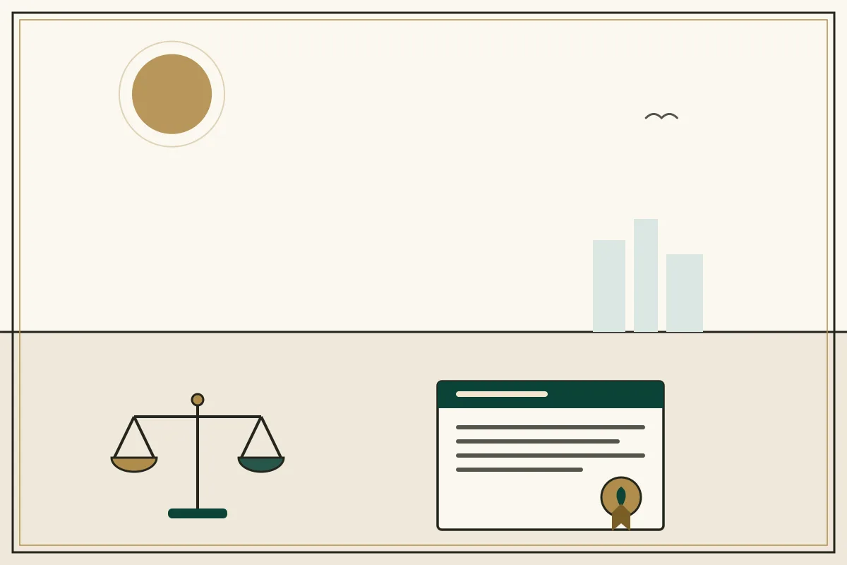 Editorial illustration of a sealed legal document beside the scales of justice — in the ivory, jade and gold broadsheet style of Research Cambodia