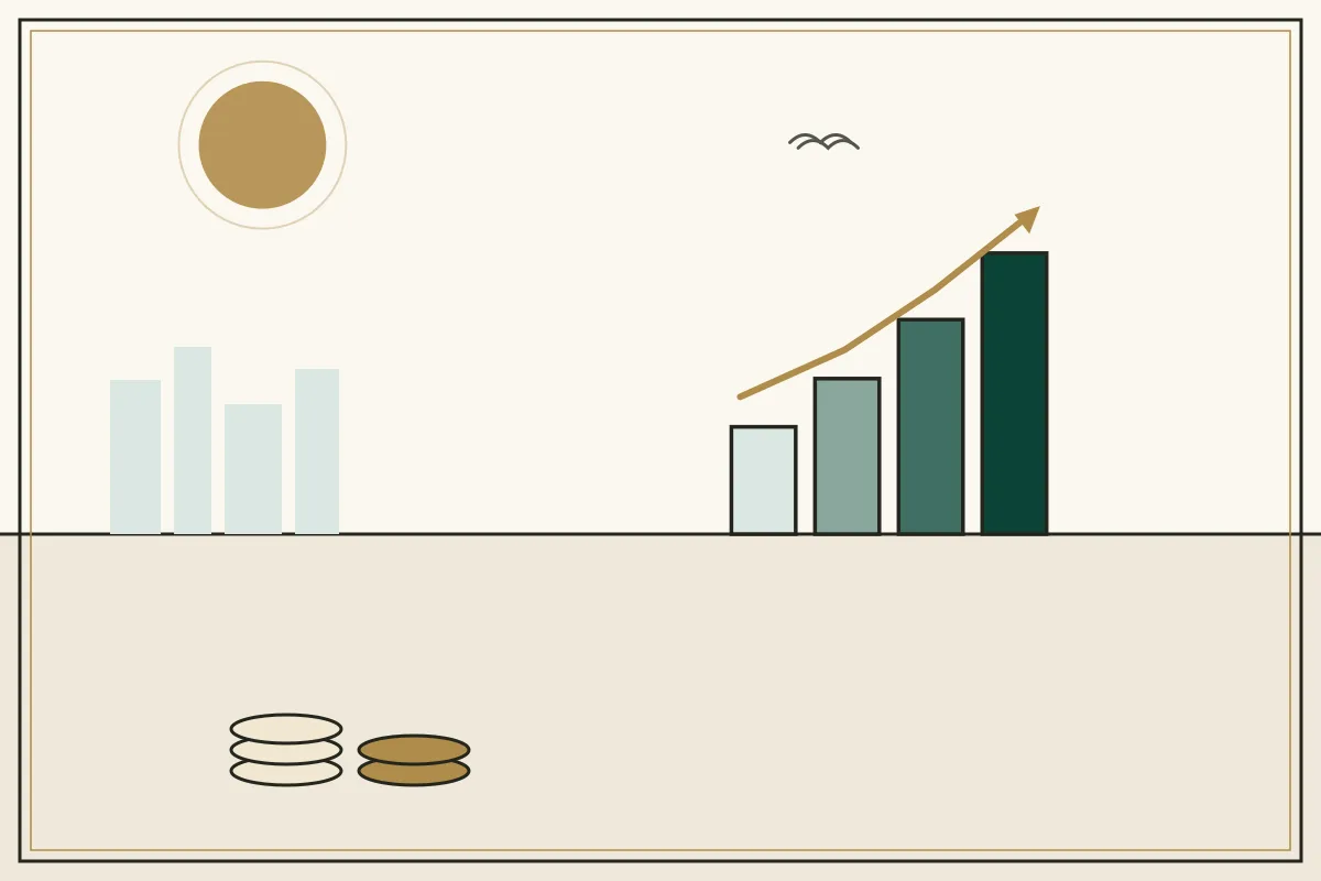 Editorial illustration of a rising bar chart with a gold trend arrow over a pale city skyline — in the ivory, jade and gold broadsheet style of Research Cambodia