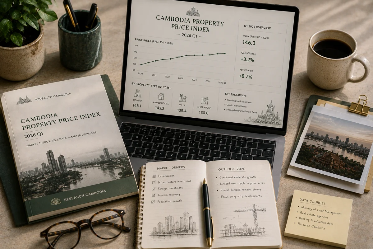 Cambodia Property Price Index 2026 Q1 dashboard on a laptop showing the index trend and prices by property type, beside the printed report