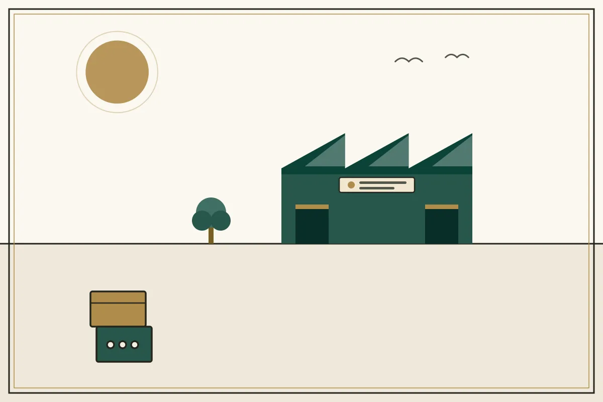 Editorial illustration of a jade factory hall with sawtooth roof and stacked shipping crates — in the ivory, jade and gold broadsheet style of Research Cambodia