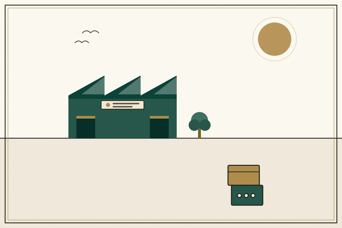 Editorial illustration of a jade factory hall with sawtooth roof and stacked shipping crates — in the ivory, jade and gold broadsheet style of Research Cambodia