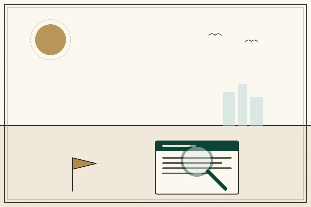 Editorial illustration of a magnifying glass over a document with a gold warning pennant — in the ivory, jade and gold broadsheet style of Research Cambodia
