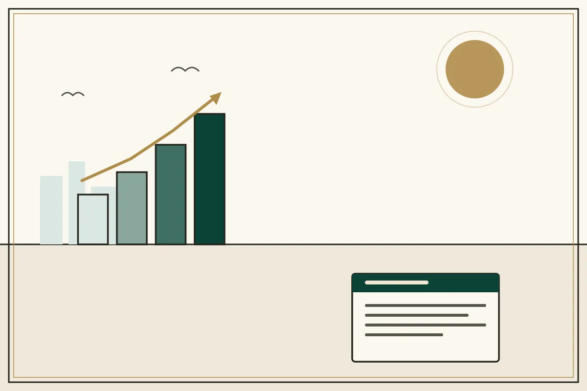 Editorial illustration of a rising bar chart with a gold trend arrow over a pale city skyline — in the ivory, jade and gold broadsheet style of Research Cambodia