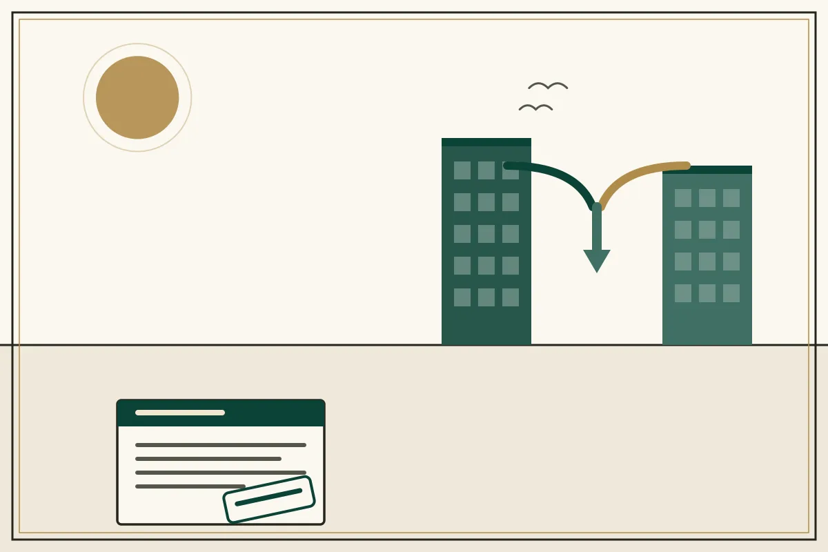 Editorial illustration of two office towers joined by merging jade and gold arrows above a stamped agreement — in the ivory, jade and gold broadsheet style of Research Cambodia