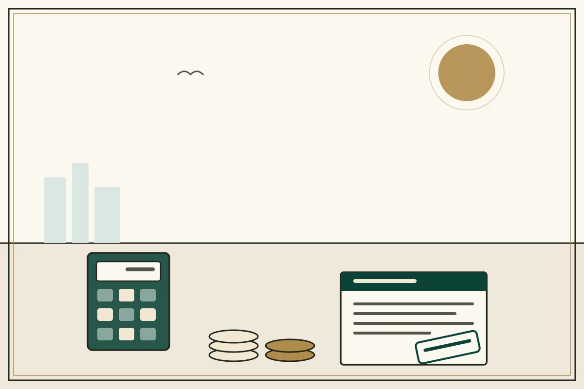 Editorial illustration of a calculator, a stamped tax document and stacked coins — in the ivory, jade and gold broadsheet style of Research Cambodia