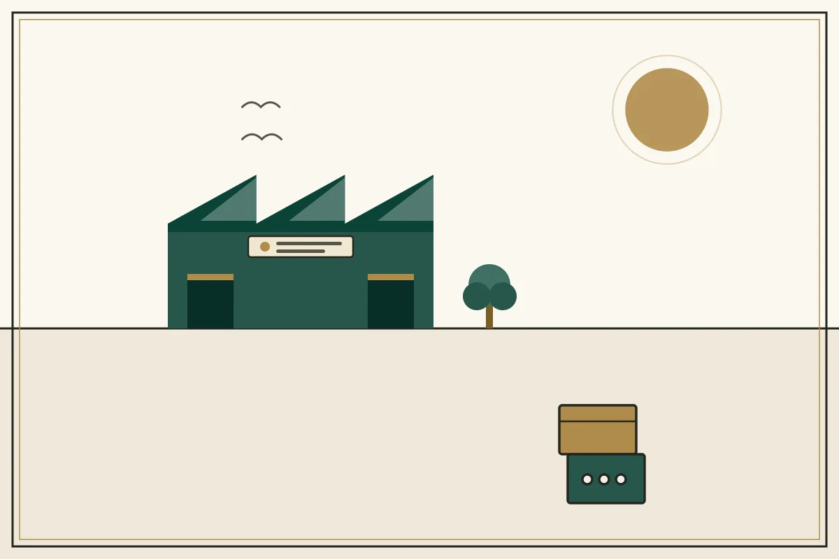 Editorial illustration of a jade factory hall with sawtooth roof and stacked shipping crates — in the ivory, jade and gold broadsheet style of Research Cambodia