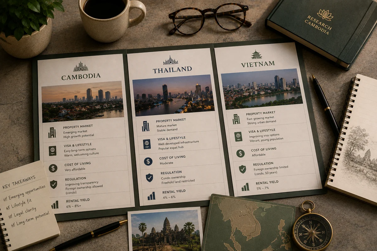 Trifold comparison of Cambodia, Thailand, and Vietnam for foreign property buyers covering markets, visas, cost of living, regulation, and rental yields