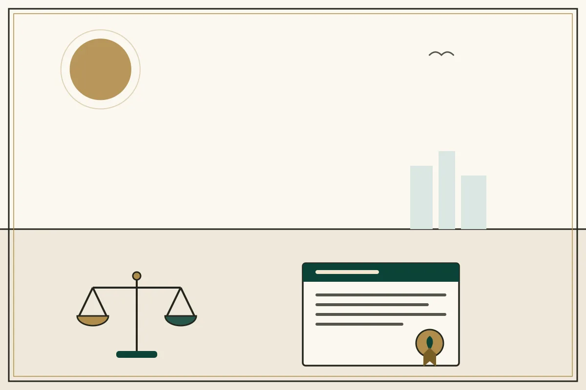 Editorial illustration of a sealed legal document beside the scales of justice — in the ivory, jade and gold broadsheet style of Research Cambodia