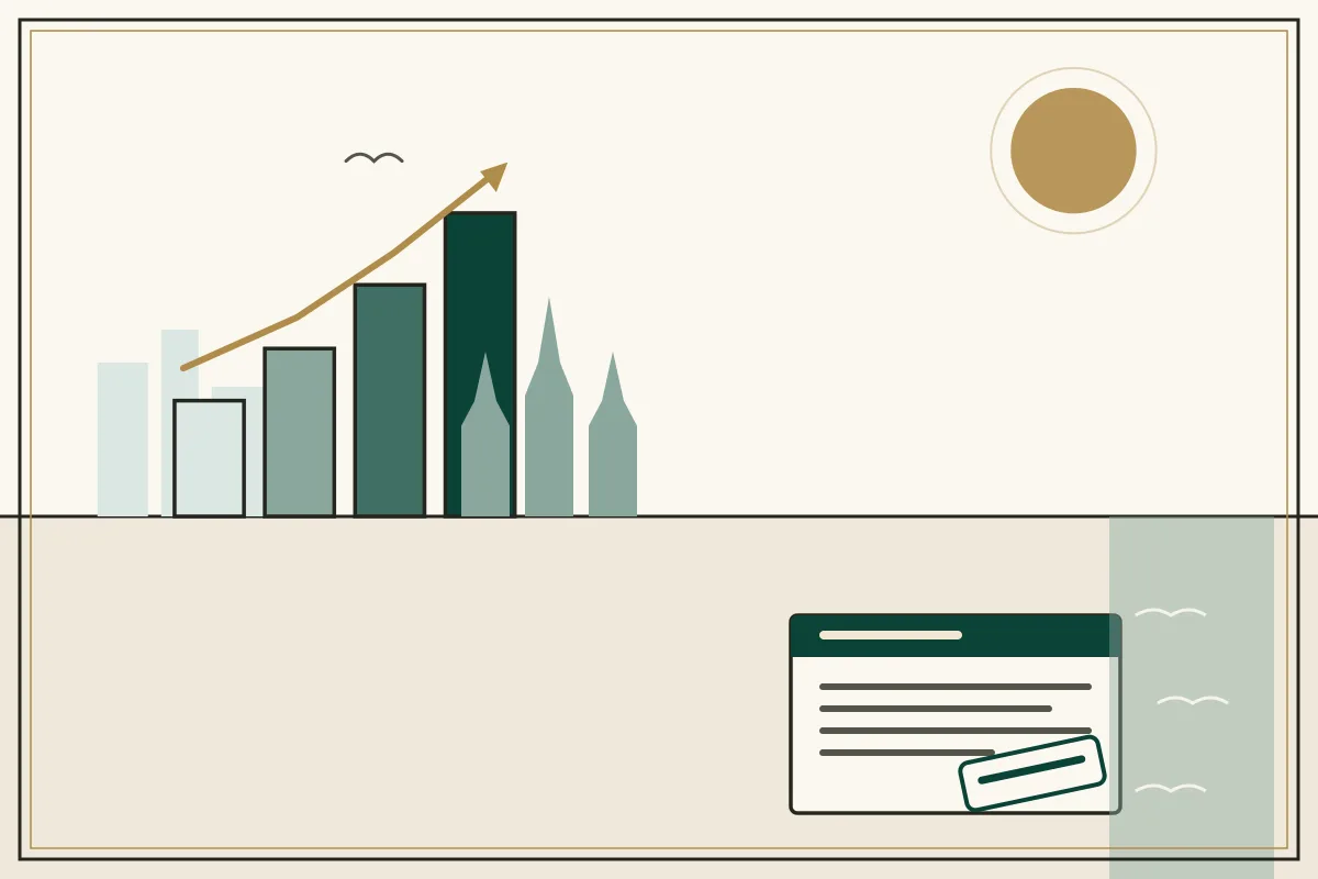 Editorial illustration of a rising bar chart with a gold trend arrow over a pale city skyline, with a coastal water strip, with Angkor-style temple towers — in the ivory, jade and gold broadsheet style of Research Cambodia