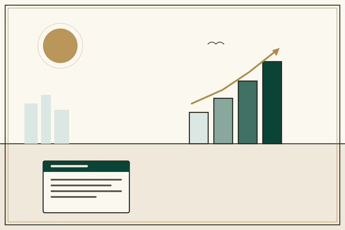 Editorial illustration of a rising bar chart with a gold trend arrow over a pale city skyline — in the ivory, jade and gold broadsheet style of Research Cambodia