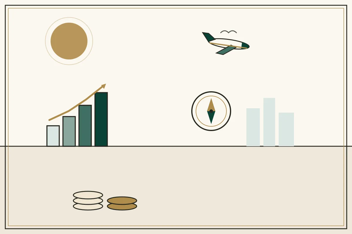 Editorial illustration of a compass and rising chart with stacked coins, with an aircraft overhead — in the ivory, jade and gold broadsheet style of Research Cambodia