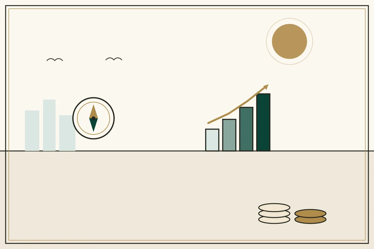 Editorial illustration of a compass and rising chart with stacked coins — in the ivory, jade and gold broadsheet style of Research Cambodia
