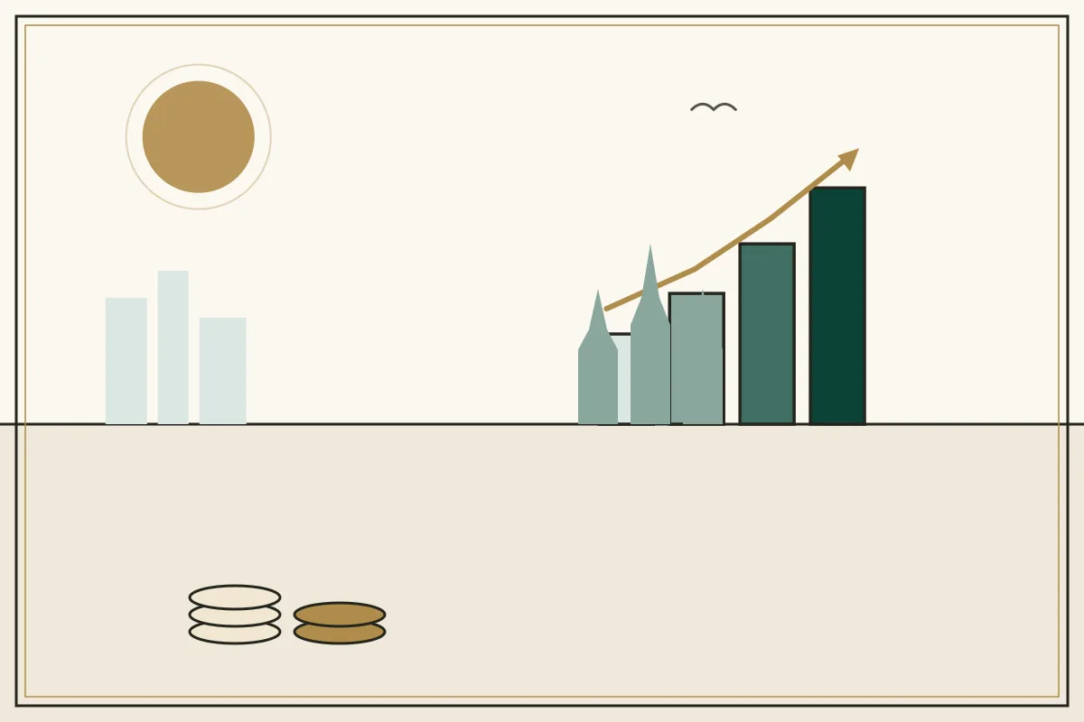 Editorial illustration of a rising bar chart with a gold trend arrow over a pale city skyline, with Angkor-style temple towers — in the ivory, jade and gold broadsheet style of Research Cambodia
