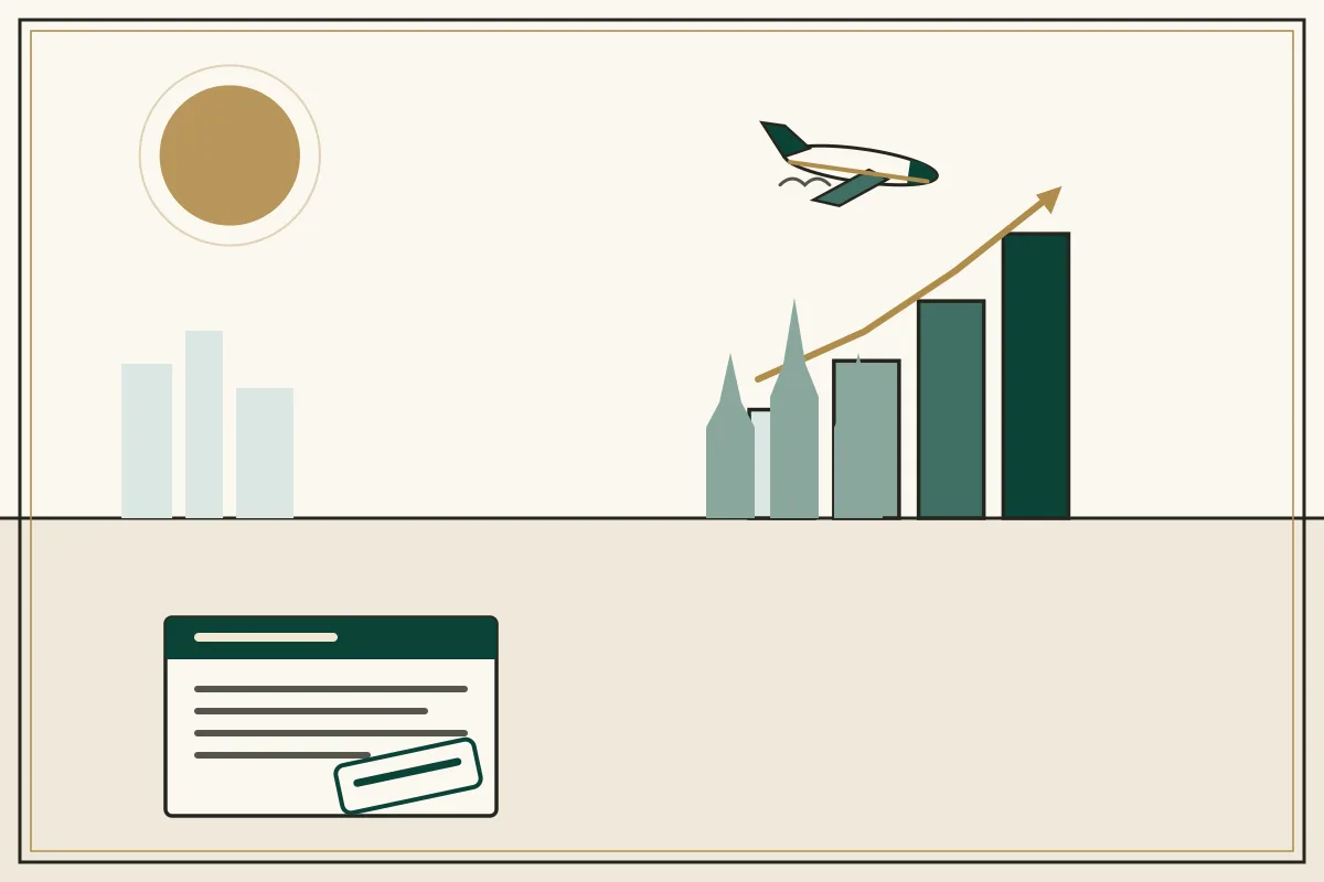 Editorial illustration of a rising bar chart with a gold trend arrow over a pale city skyline, with Angkor-style temple towers, with an aircraft overhead — in the ivory, jade and gold broadsheet style of Research Cambodia