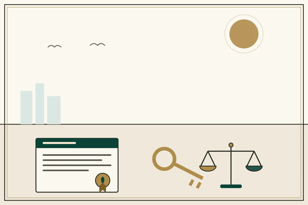 Editorial illustration of a sealed legal document beside the scales of justice — in the ivory, jade and gold broadsheet style of Research Cambodia