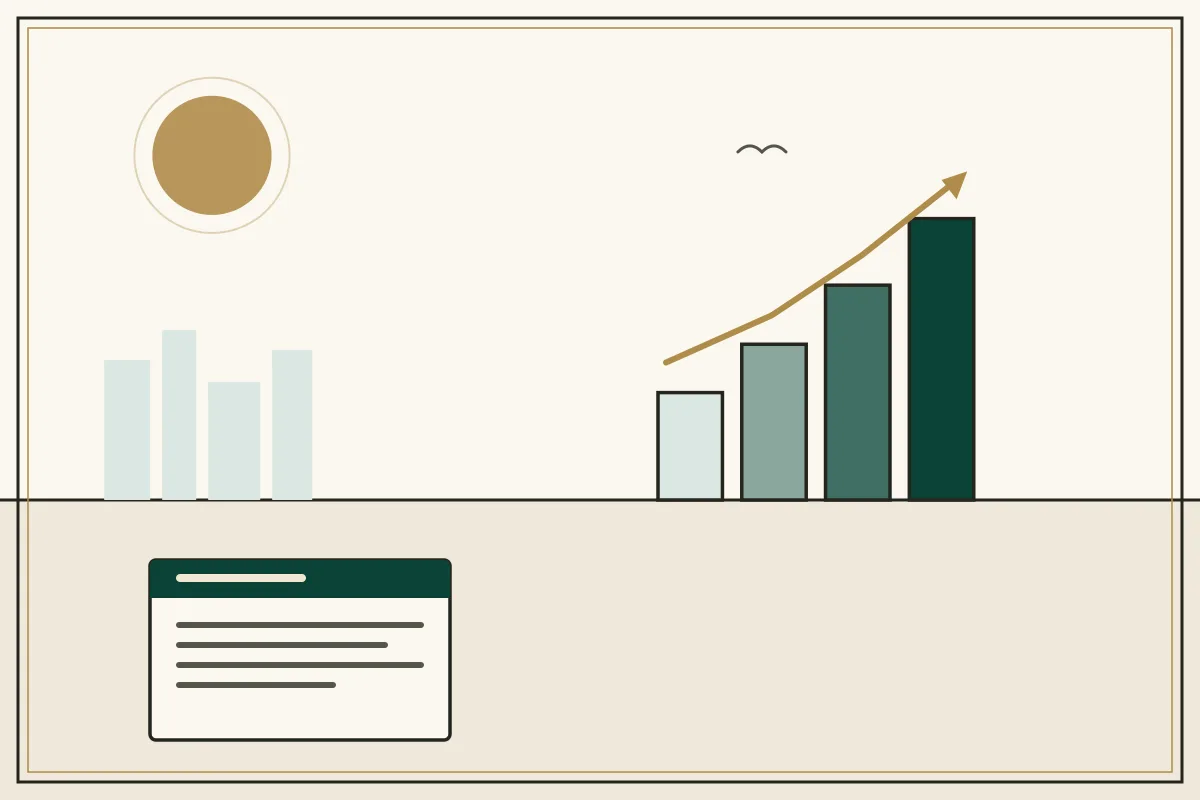 Editorial illustration of a rising bar chart with a gold trend arrow over a pale city skyline — in the ivory, jade and gold broadsheet style of Research Cambodia