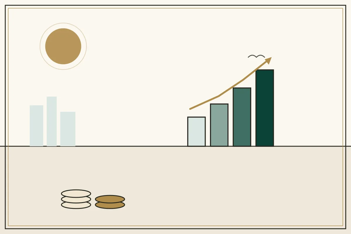 Editorial illustration of a rising bar chart with a gold trend arrow over a pale city skyline — in the ivory, jade and gold broadsheet style of Research Cambodia