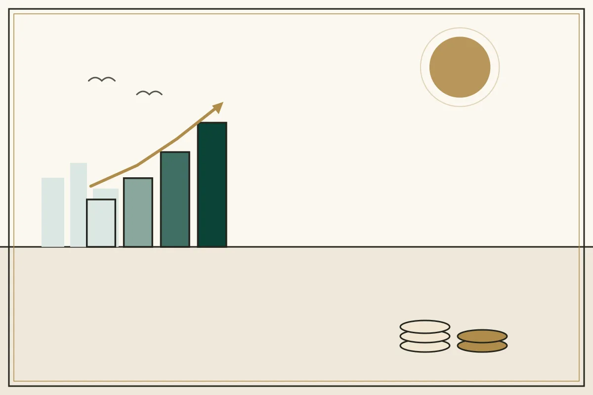 Editorial illustration of a rising bar chart with a gold trend arrow over a pale city skyline — in the ivory, jade and gold broadsheet style of Research Cambodia