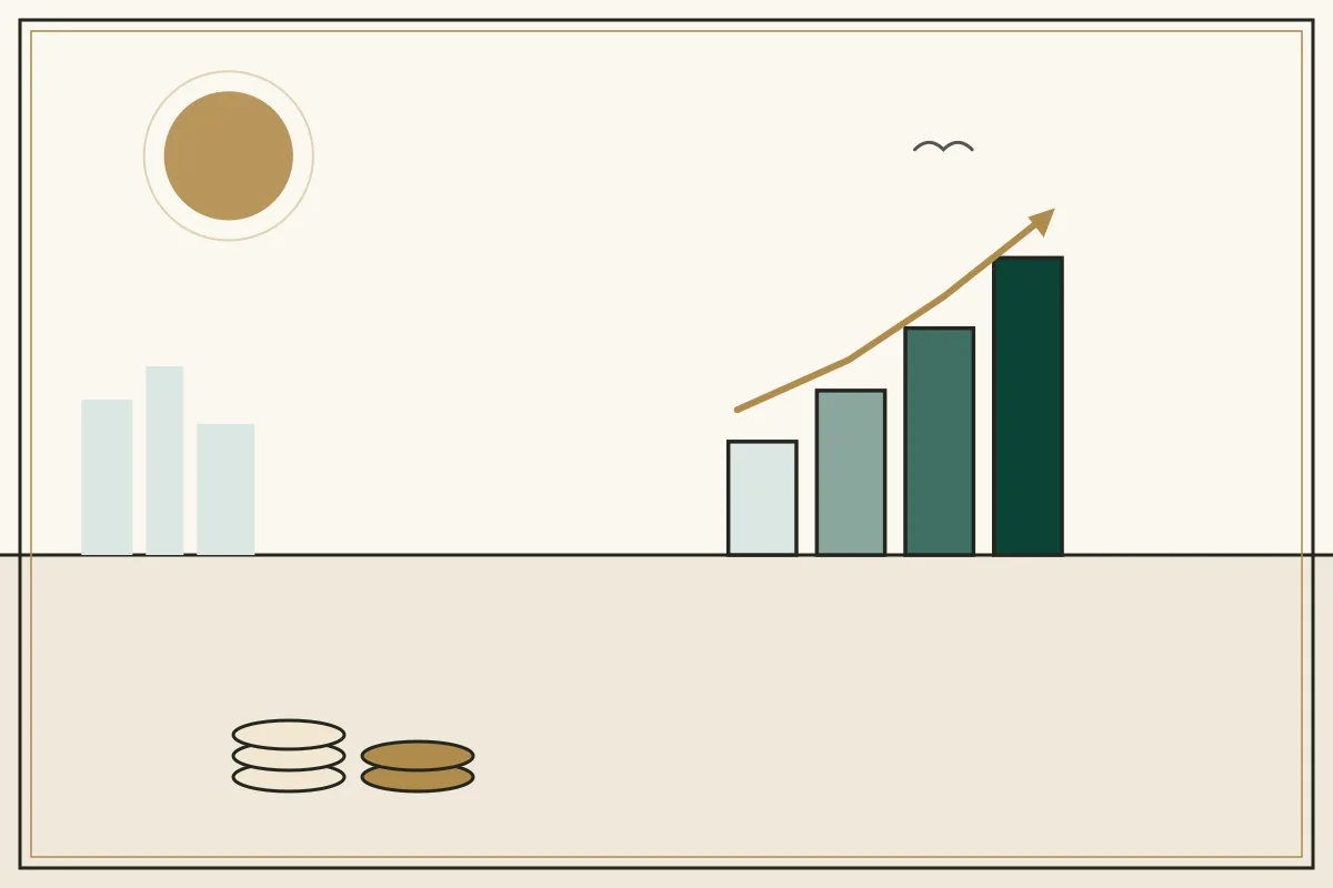 Editorial illustration of a rising bar chart with a gold trend arrow over a pale city skyline — in the ivory, jade and gold broadsheet style of Research Cambodia