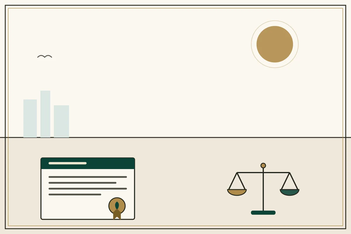 Editorial illustration of a sealed legal document beside the scales of justice — in the ivory, jade and gold broadsheet style of Research Cambodia