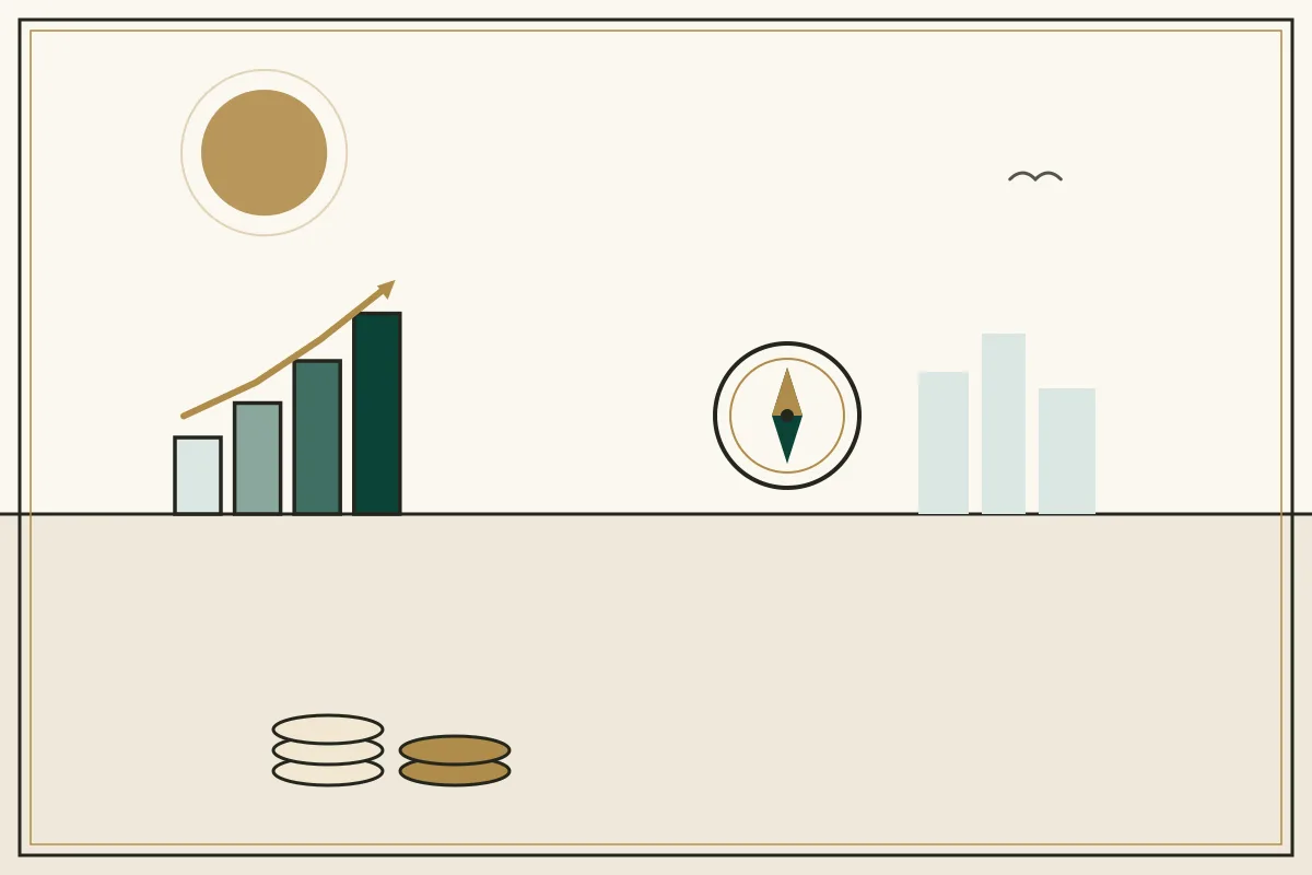 Editorial illustration of a compass and rising chart with stacked coins — in the ivory, jade and gold broadsheet style of Research Cambodia