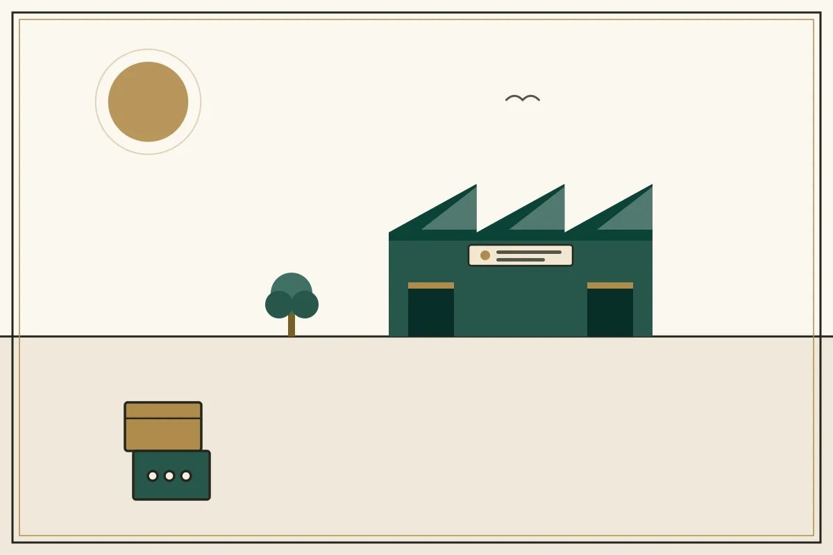 Editorial illustration of a jade factory hall with sawtooth roof and stacked shipping crates — in the ivory, jade and gold broadsheet style of Research Cambodia