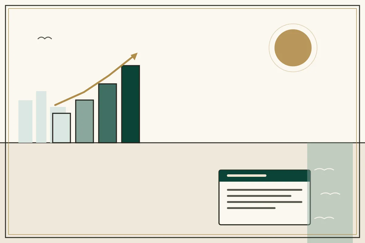 Editorial illustration of a rising bar chart with a gold trend arrow over a pale city skyline, with a coastal water strip — in the ivory, jade and gold broadsheet style of Research Cambodia