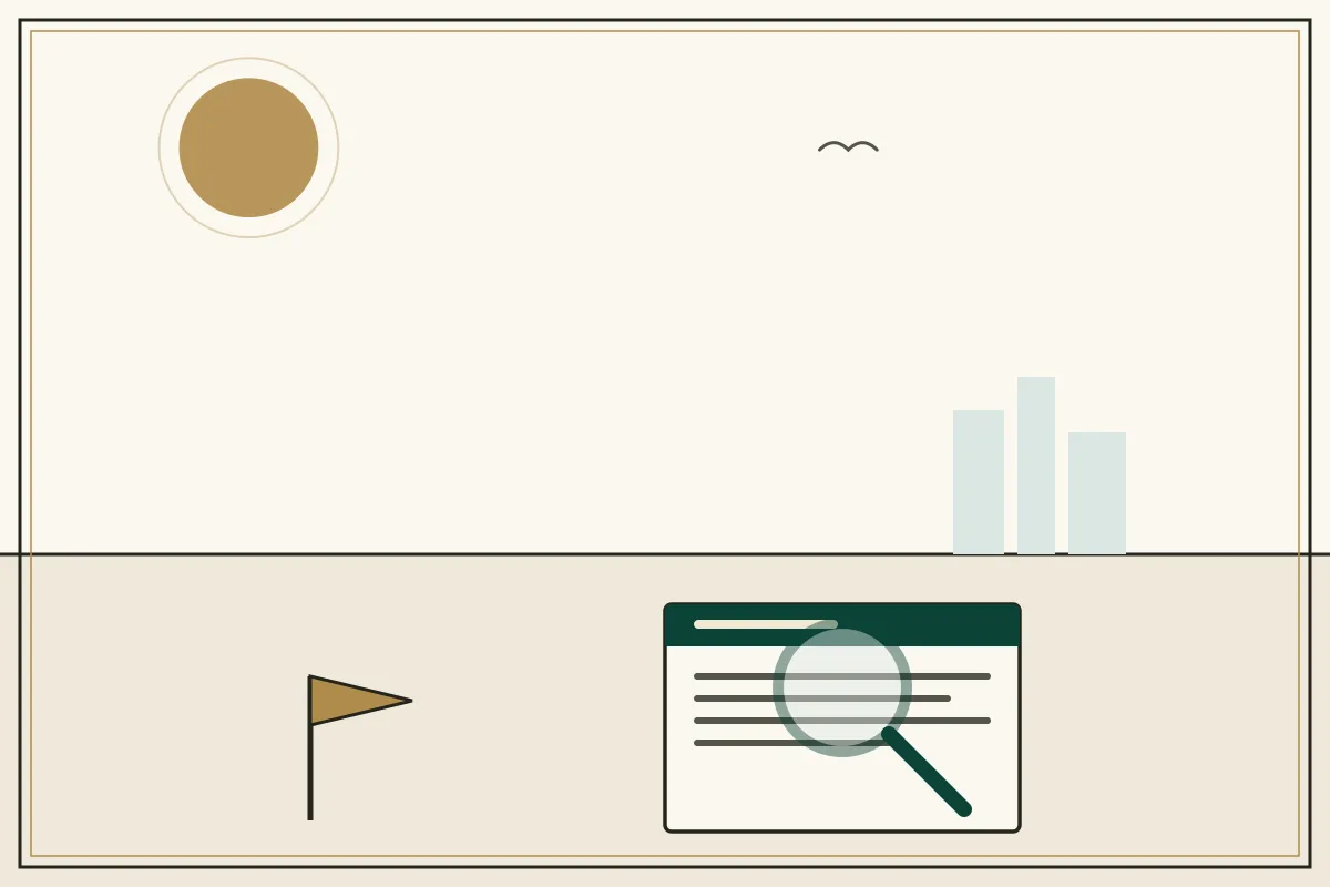 Editorial illustration of a magnifying glass over a document with a gold warning pennant — in the ivory, jade and gold broadsheet style of Research Cambodia