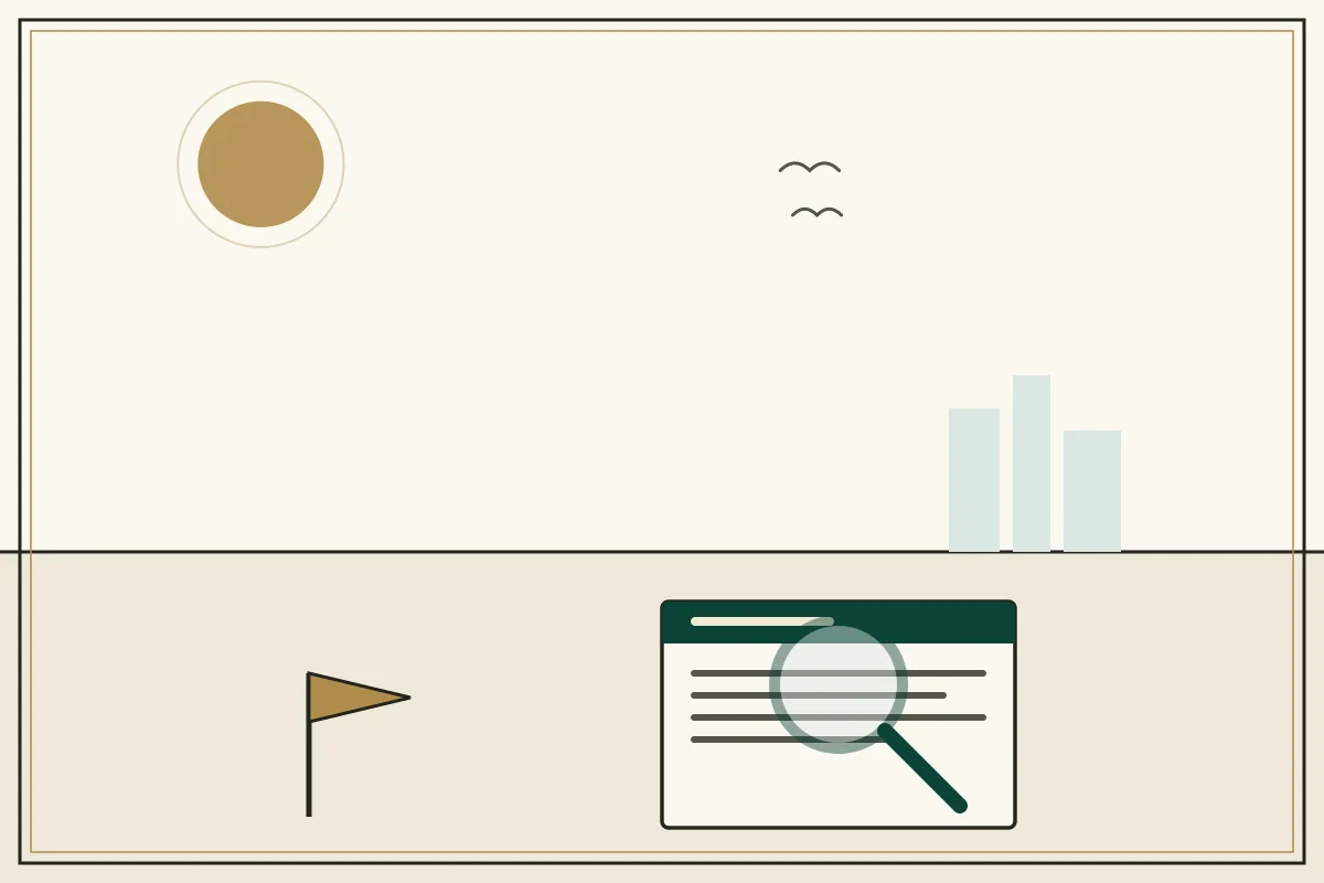 Editorial illustration of a magnifying glass over a document with a gold warning pennant — in the ivory, jade and gold broadsheet style of Research Cambodia