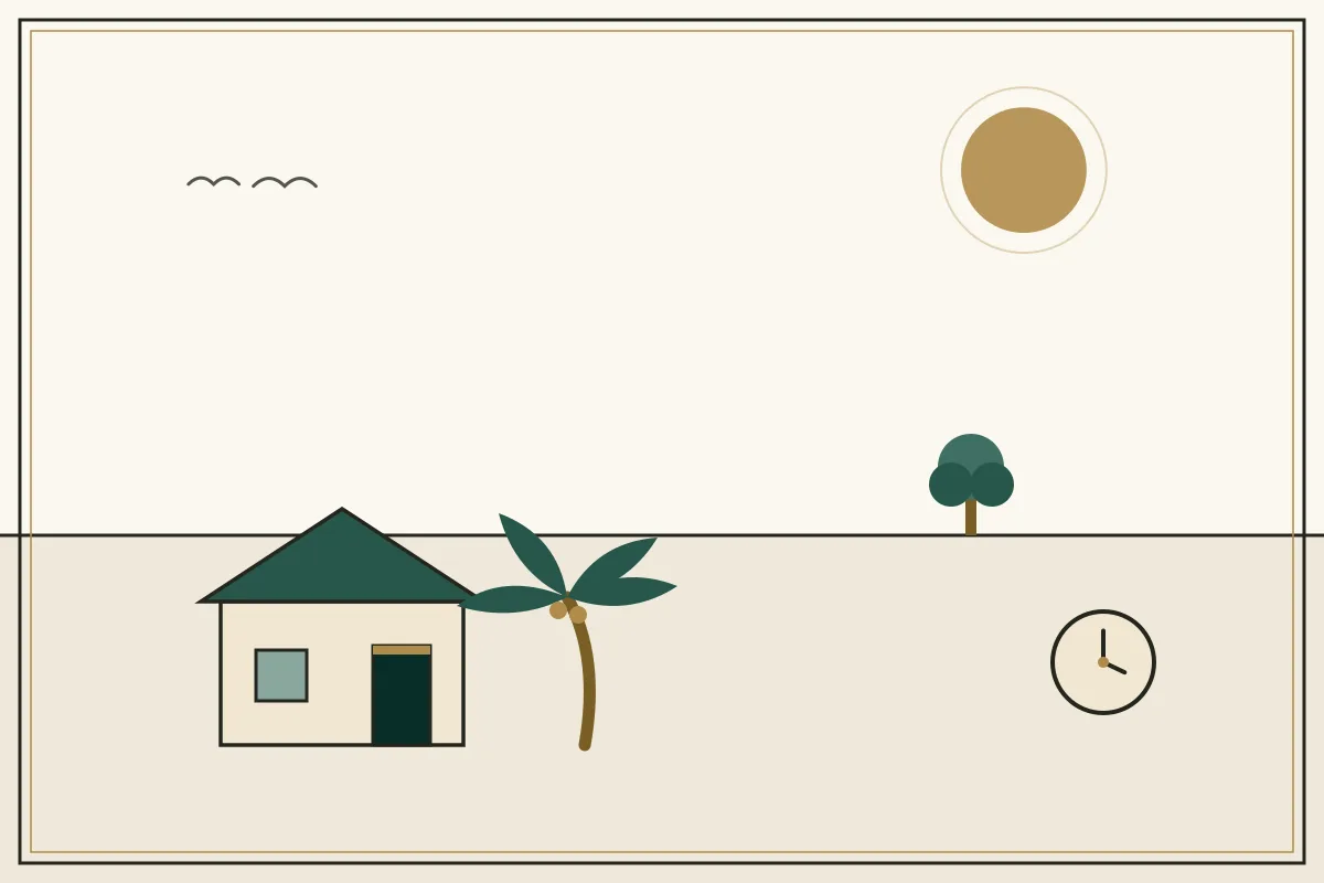 Editorial illustration of a house with a jade roof under palms — in the ivory, jade and gold broadsheet style of Research Cambodia