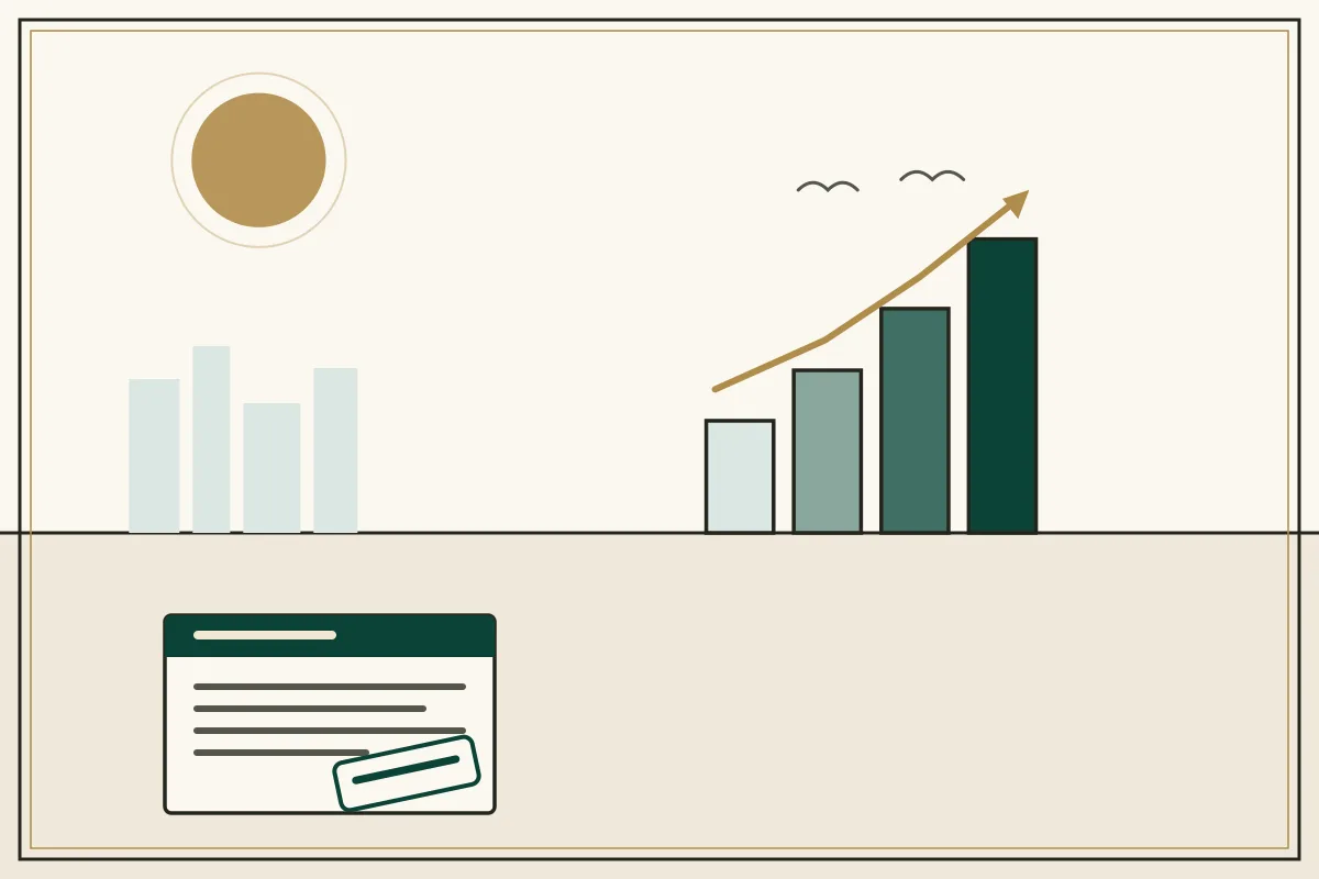 Editorial illustration of a rising bar chart with a gold trend arrow over a pale city skyline — in the ivory, jade and gold broadsheet style of Research Cambodia