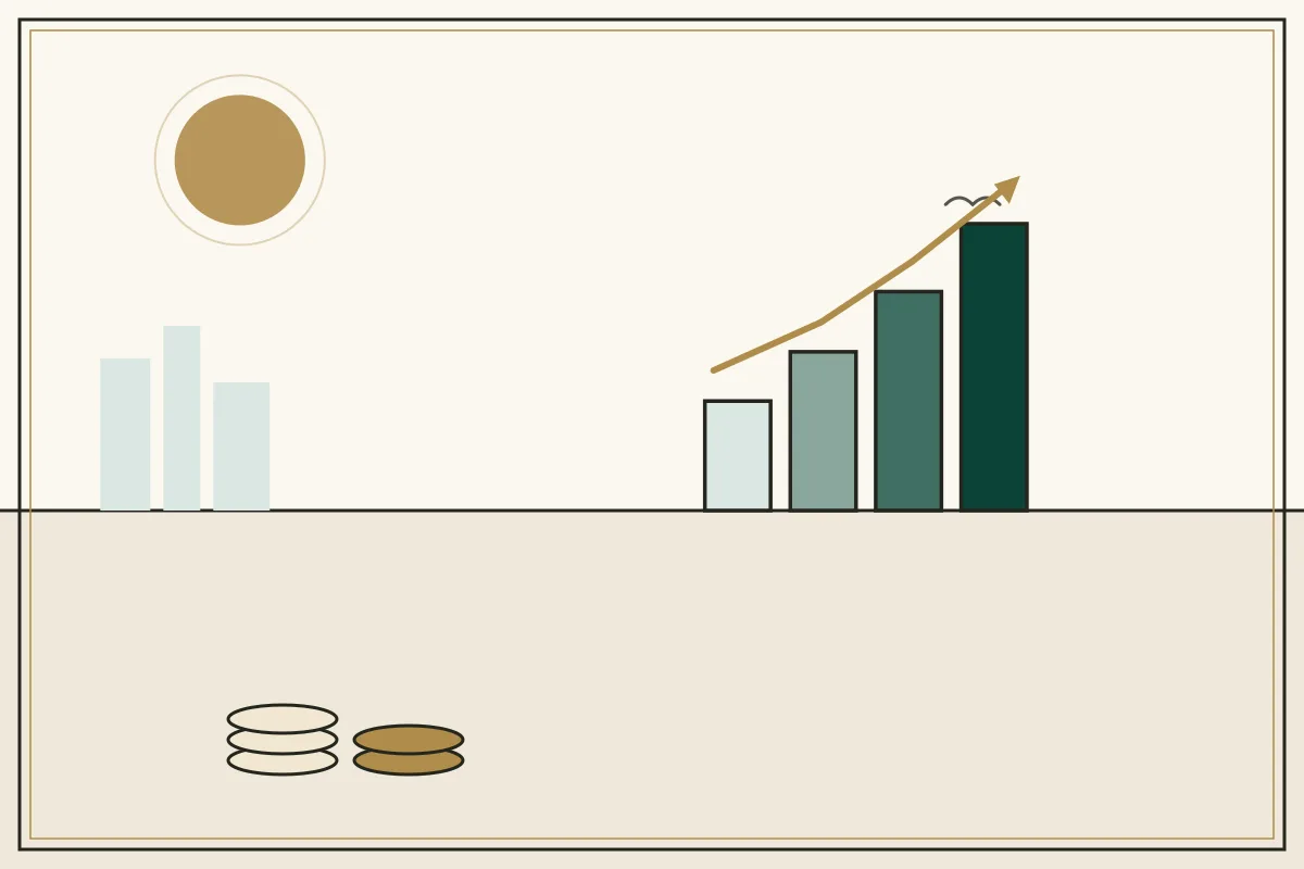Editorial illustration of a rising bar chart with a gold trend arrow over a pale city skyline — in the ivory, jade and gold broadsheet style of Research Cambodia