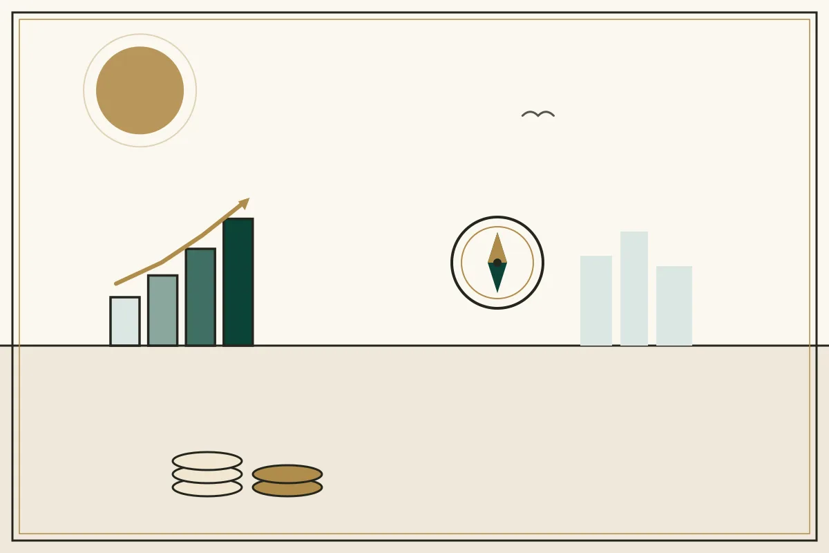 Editorial illustration of a compass and rising chart with stacked coins — in the ivory, jade and gold broadsheet style of Research Cambodia