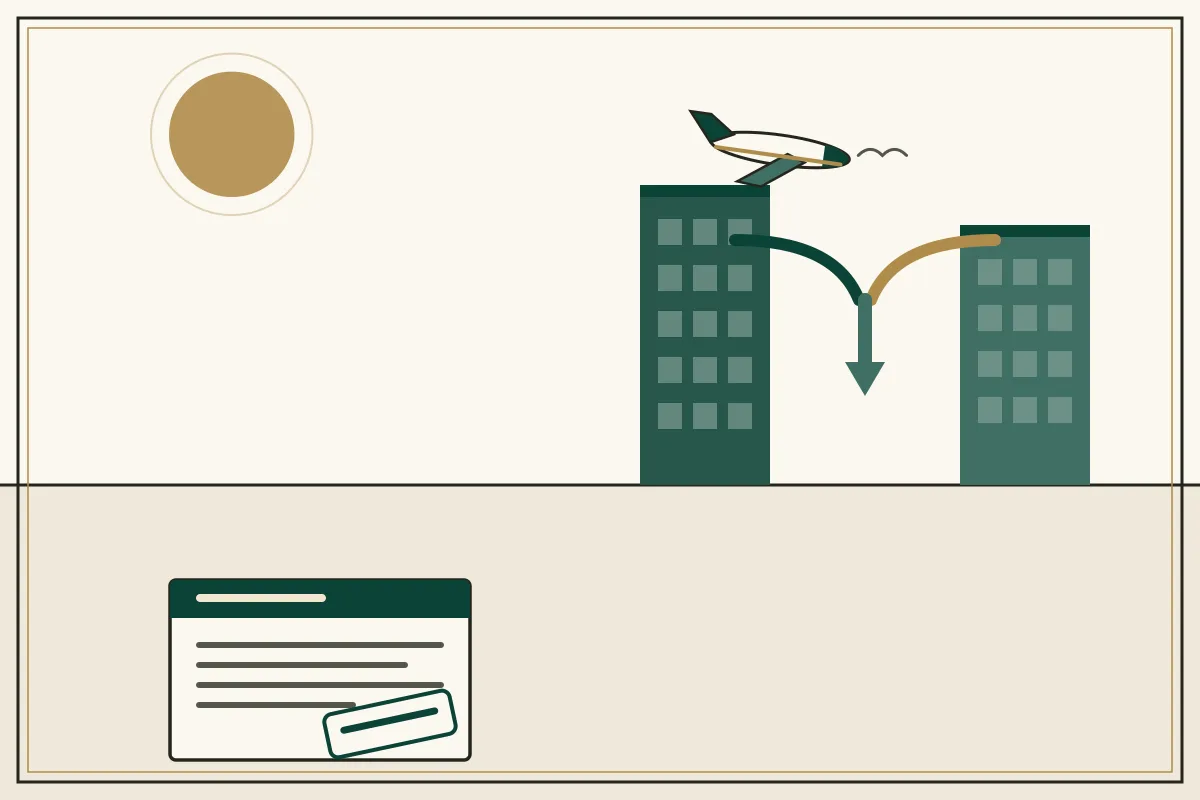 Editorial illustration of two office towers joined by merging jade and gold arrows above a stamped agreement, with an aircraft overhead — in the ivory, jade and gold broadsheet style of Research Cambodia