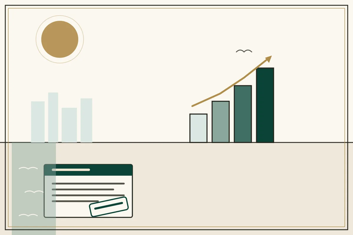 Editorial illustration of a rising bar chart with a gold trend arrow over a pale city skyline, with a coastal water strip — in the ivory, jade and gold broadsheet style of Research Cambodia