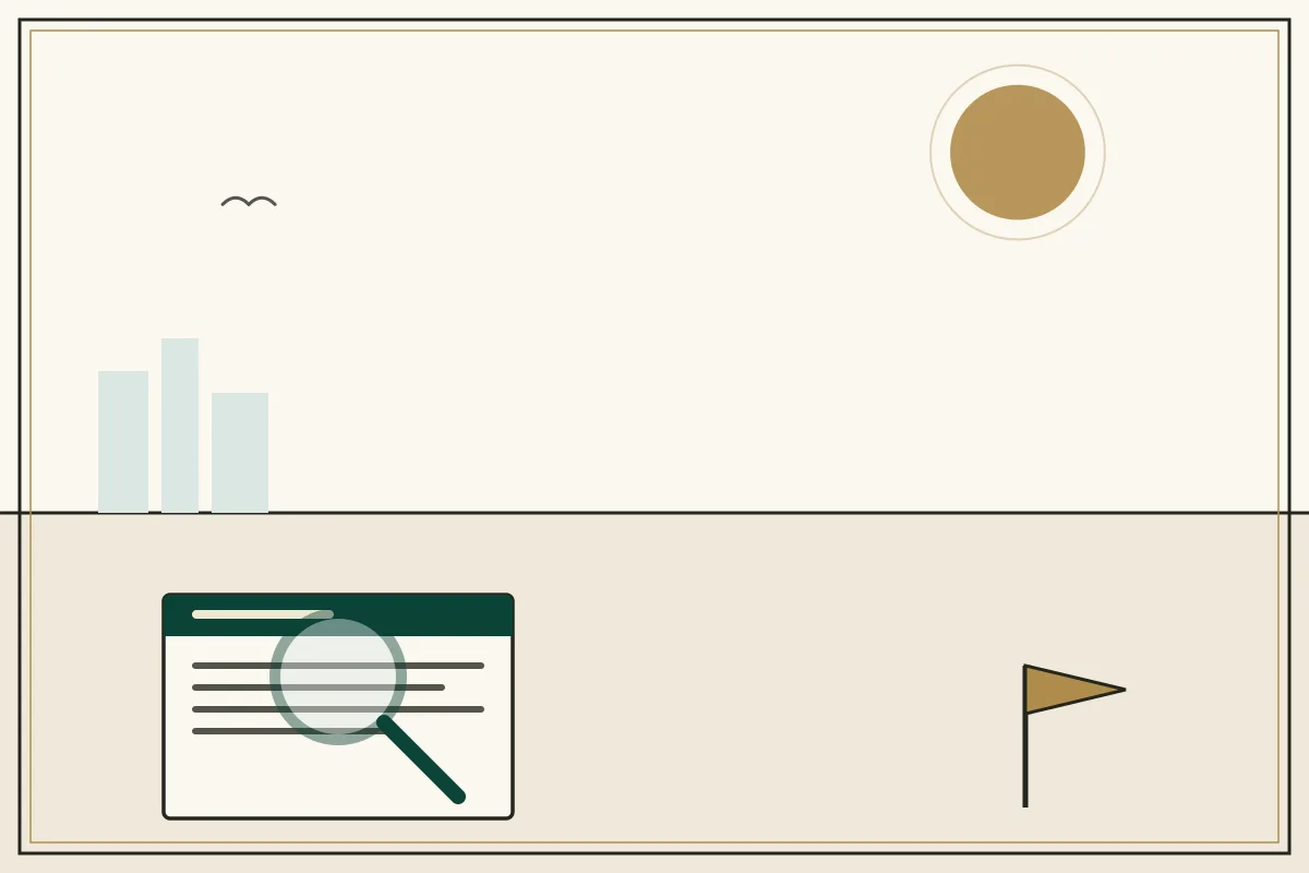 Editorial illustration of a magnifying glass over a document with a gold warning pennant — in the ivory, jade and gold broadsheet style of Research Cambodia