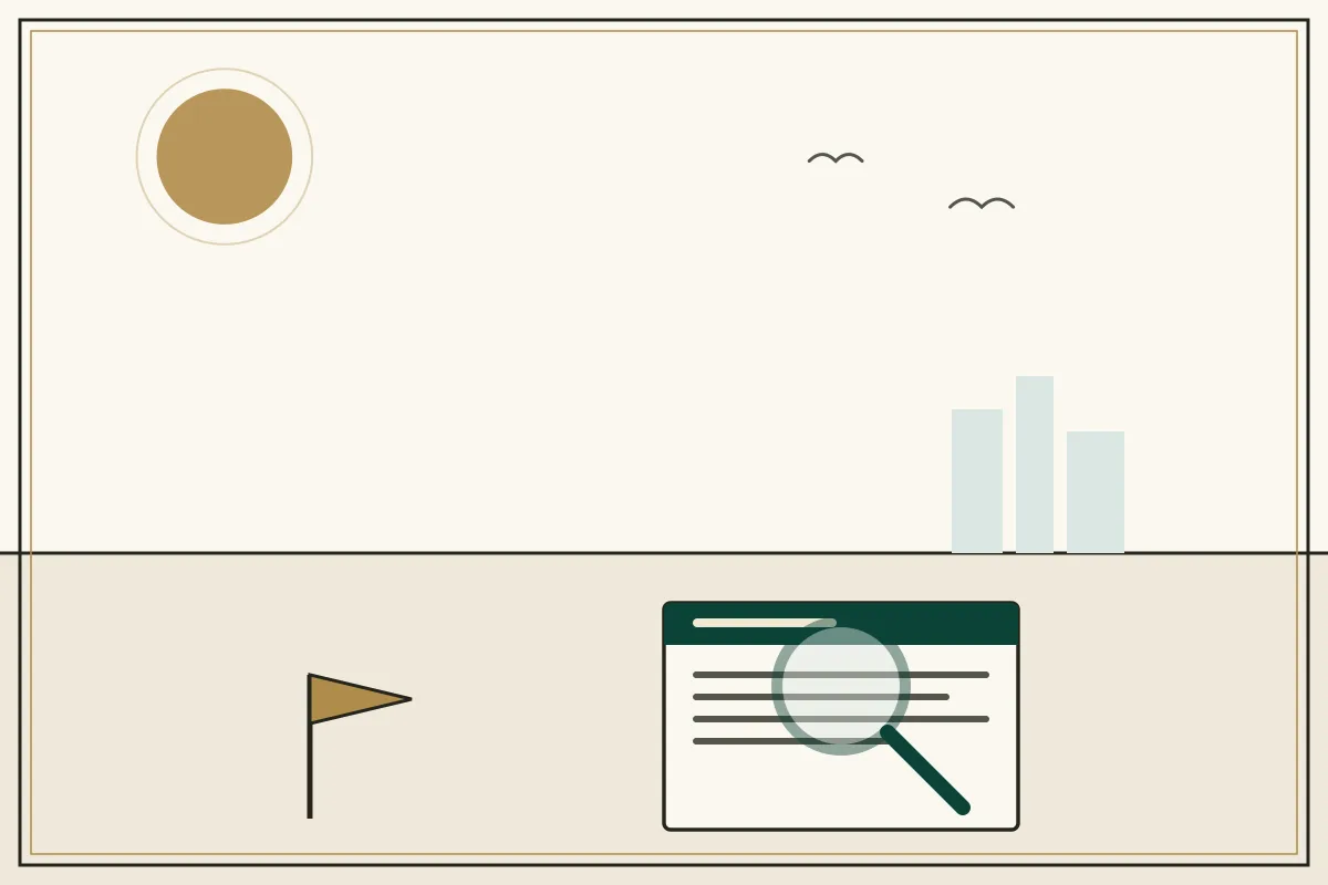 Editorial illustration of a magnifying glass over a document with a gold warning pennant — in the ivory, jade and gold broadsheet style of Research Cambodia