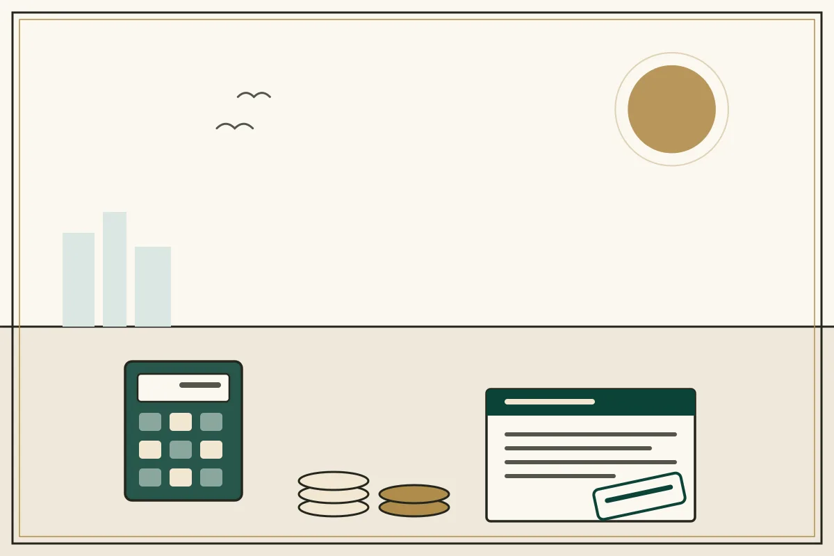 Editorial illustration of a calculator, a stamped tax document and stacked coins — in the ivory, jade and gold broadsheet style of Research Cambodia