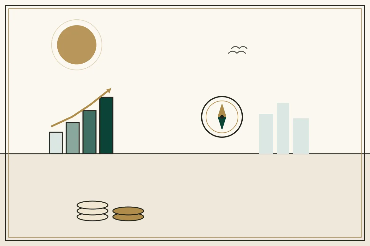 Editorial illustration of a compass and rising chart with stacked coins — in the ivory, jade and gold broadsheet style of Research Cambodia