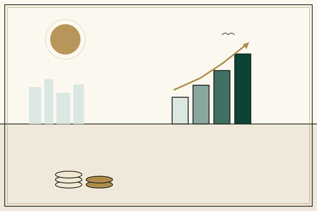 Editorial illustration of a rising bar chart with a gold trend arrow over a pale city skyline — in the ivory, jade and gold broadsheet style of Research Cambodia
