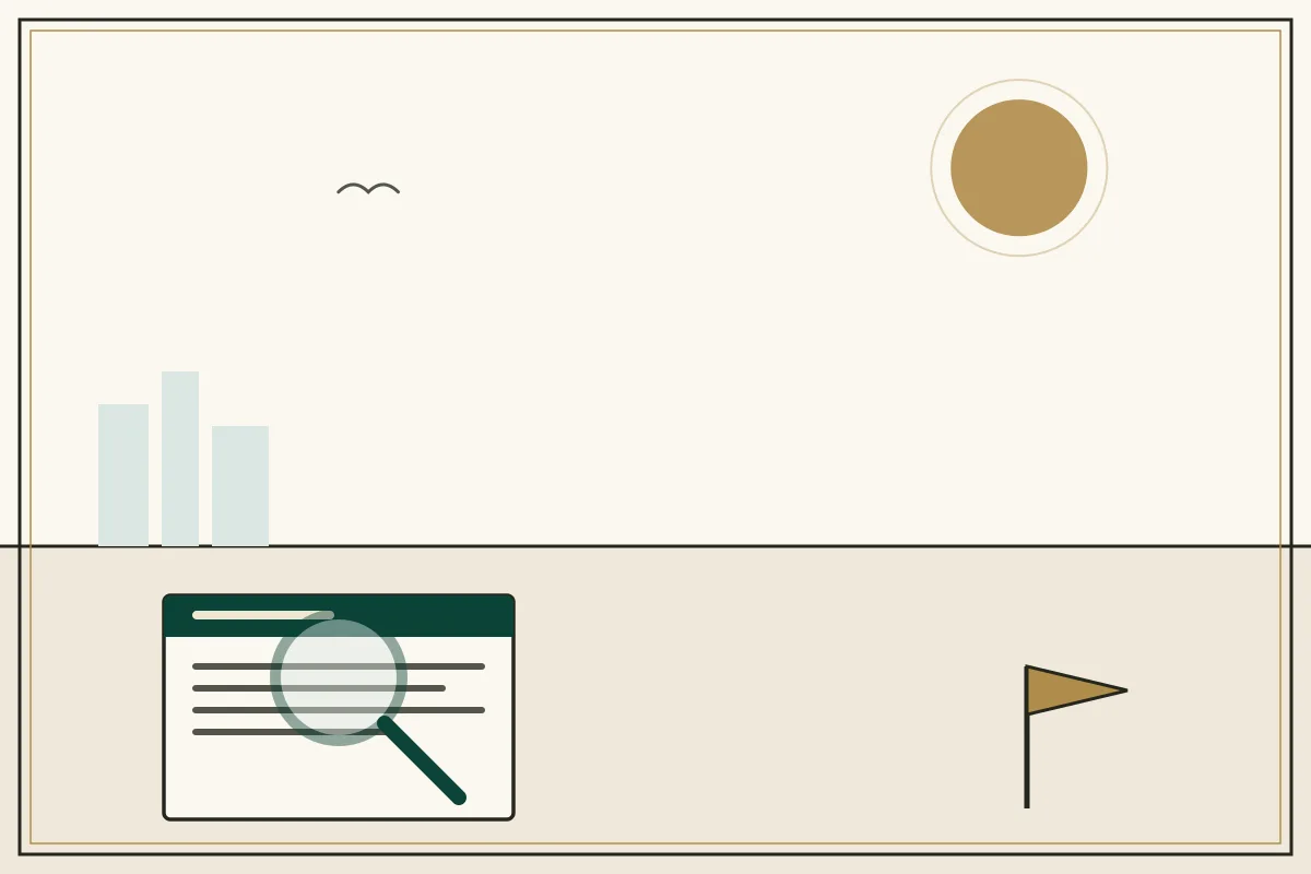 Editorial illustration of a magnifying glass over a document with a gold warning pennant — in the ivory, jade and gold broadsheet style of Research Cambodia