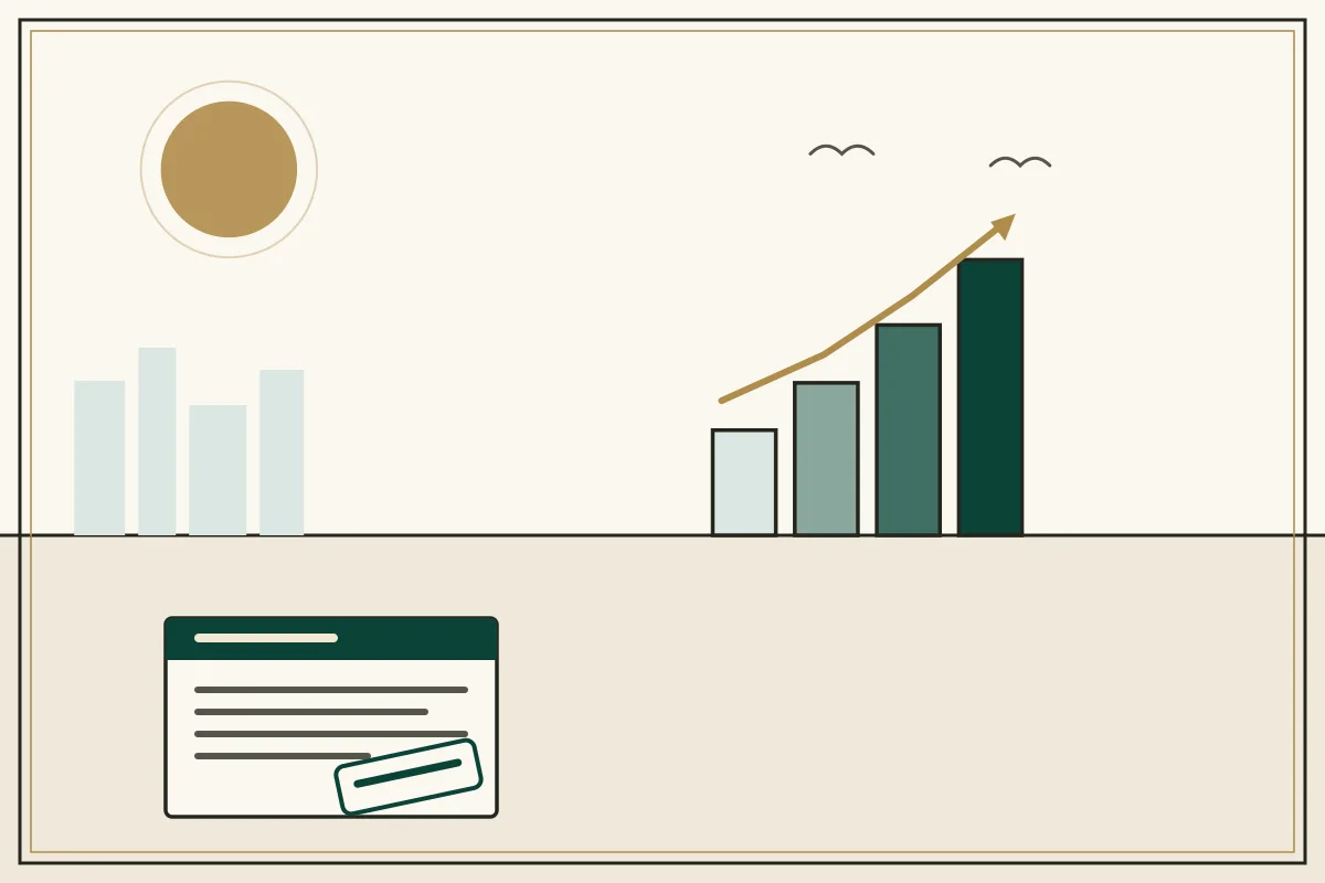 Editorial illustration of a rising bar chart with a gold trend arrow over a pale city skyline — in the ivory, jade and gold broadsheet style of Research Cambodia